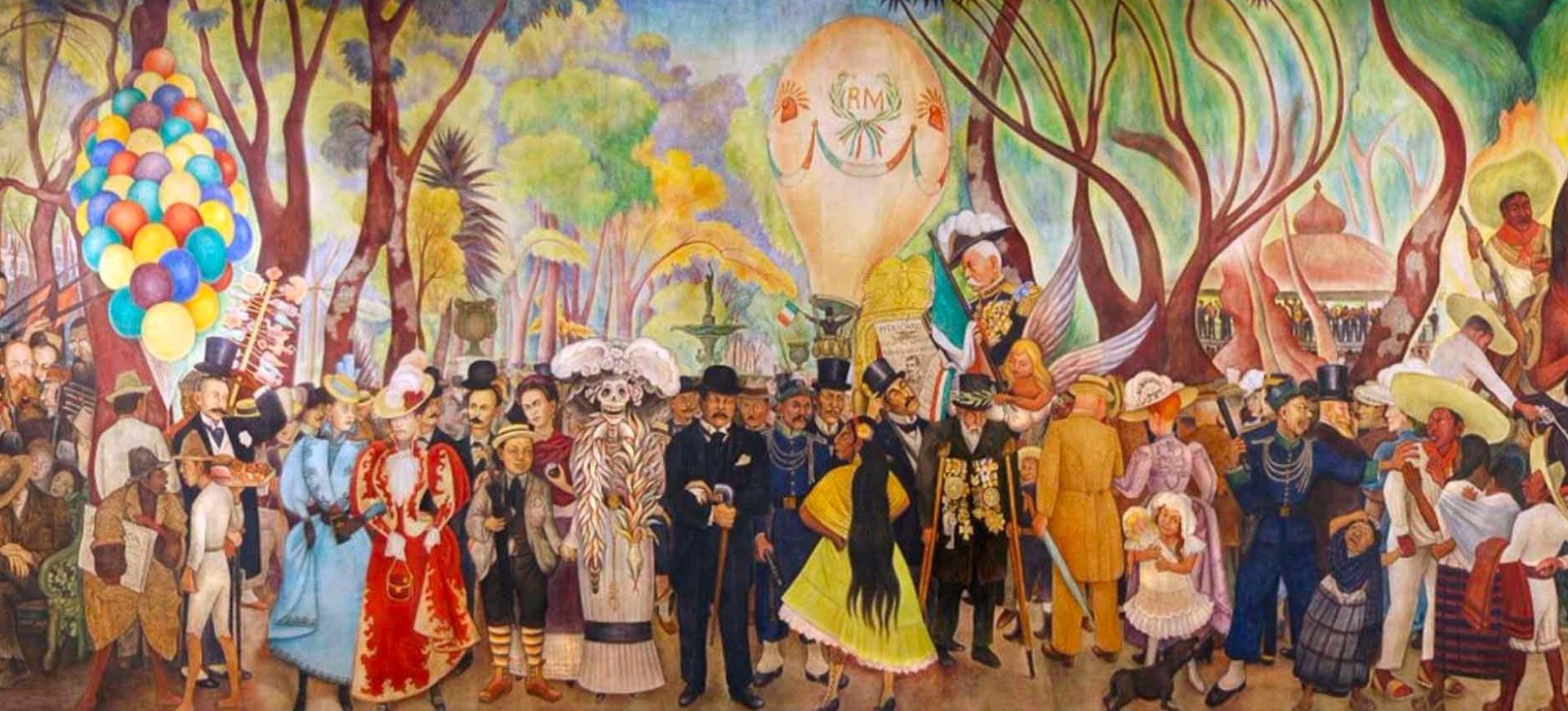 Vista parcial del mural de Rivera, con la Catrina entre distintos personajes.